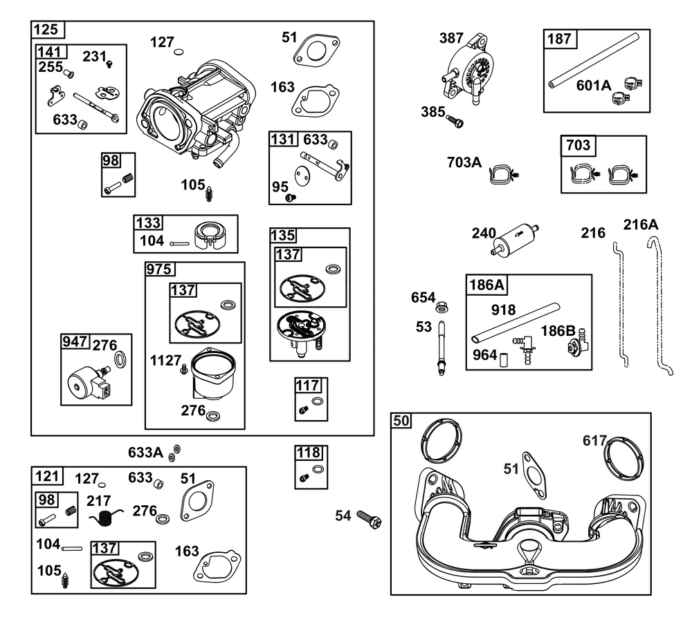 Carburetor And Fuel Supply Group Diagram and Parts List for 44N877-0019-G1 400000 - 699999 Briggs and Stratton Engine